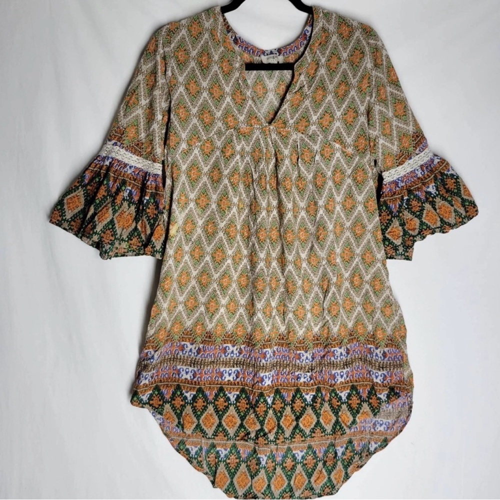 Umgee Womens Tunic Top Brown Green Geometric 3/4 Sleeve Notch Neck High Low Med